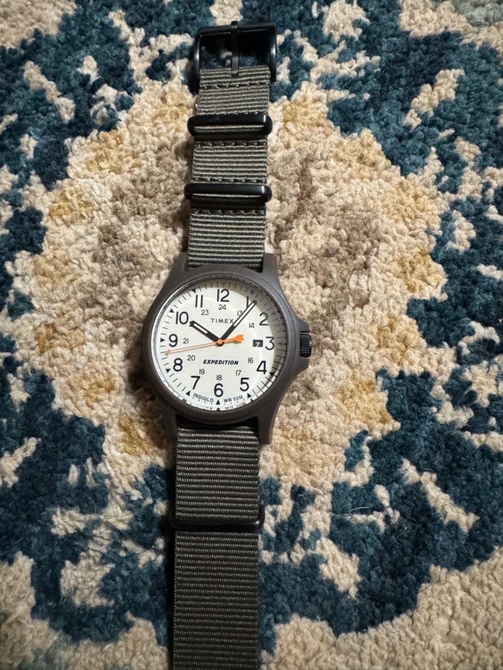 Timex White Dial Field Watch with Olive Nylon Strap and Orange Accent